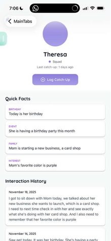 BeeBetter contact detail and catch-up history screen