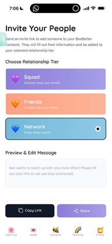 BeeBetter friends and relationship tiers screen