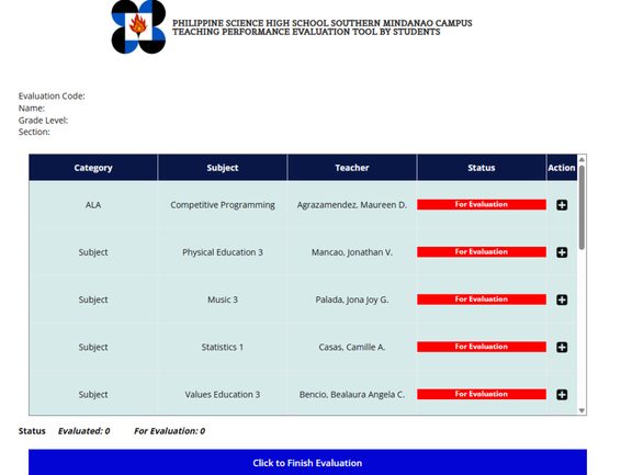 Teacher performance evaluation tool screen
