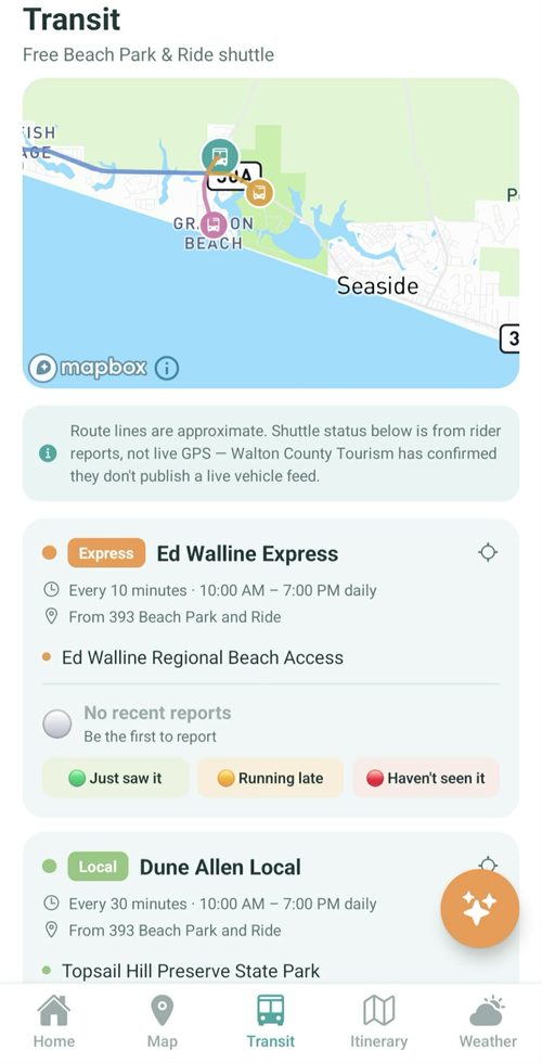 In 30A transit and shuttle tracking screen